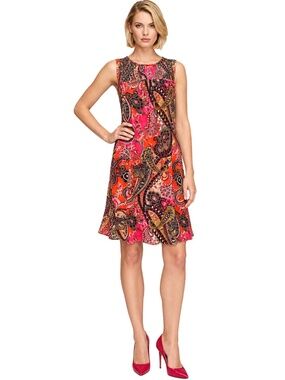 Chetta B Paisley Shift Dress Flowy Colorful Sleeveless Keyhole Shirred Smocked